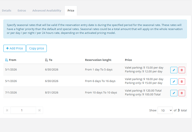 pricing availability rules - parking reservation system